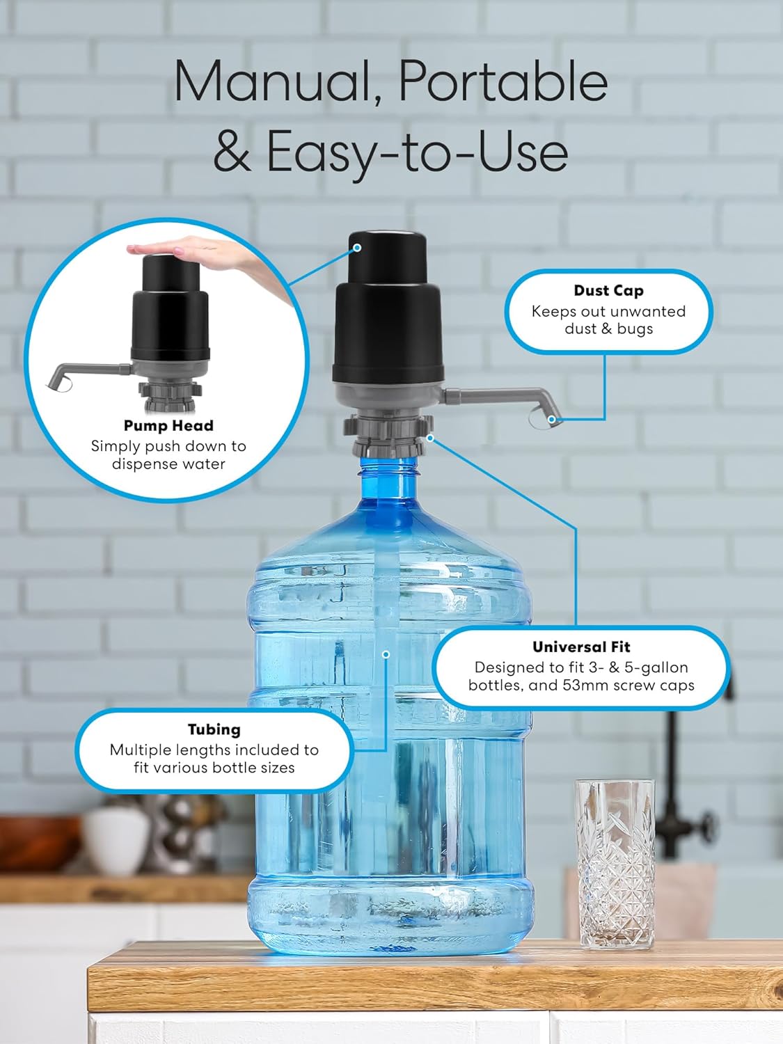 Diagram showing pump head, dust cap, universal fit, and tubing. Simply push down to dispense water.