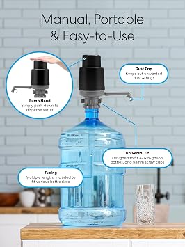 Brio Universal Water Bottle Pump | Manual Water Pump 1-5 Gallon Water Jug Dispenser for Camping Picnics and More! | 48mm & 55mm - (Multiple Color Options)