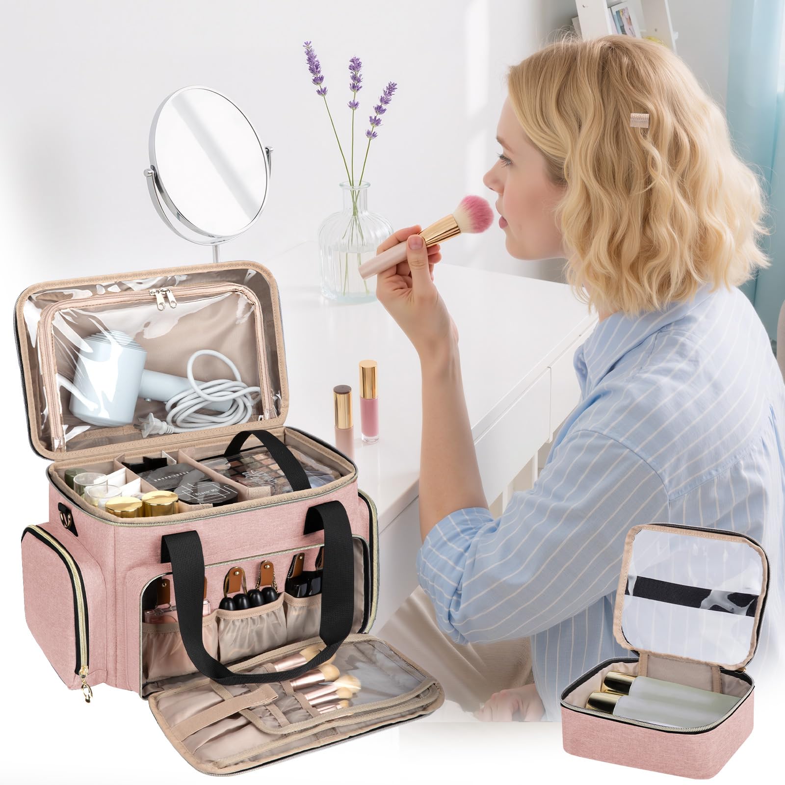 GDNasist Grande borsa di trucco, borsa portatile di trucco di viaggio, rosa, 13.58" L * 7.87" W * and 9.45" H, Classico