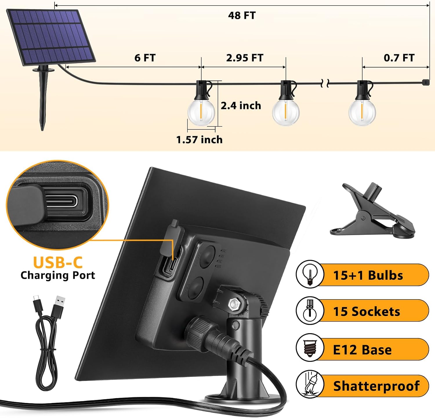 Mlambert 48FT Solar String Lights, Outdoor Waterproof Patio Lights with 15 Shatterproof G40 Bulbs(1 Spare), Led Light for Backyard-Black Wire