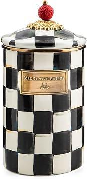 MACKENZIE-CHILDS Enamel Canister, Versatile Kitchen Storage Container for Flour and Sugar, Large, 64-Ounce Capacity, Black-and-White Courtly Check