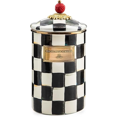 MACKENZIE-CHILDS Large Enamel Canister, Kitchen Storage Container for Flour and Sugar, 1.89 Liters, Black-and-White Courtly Check