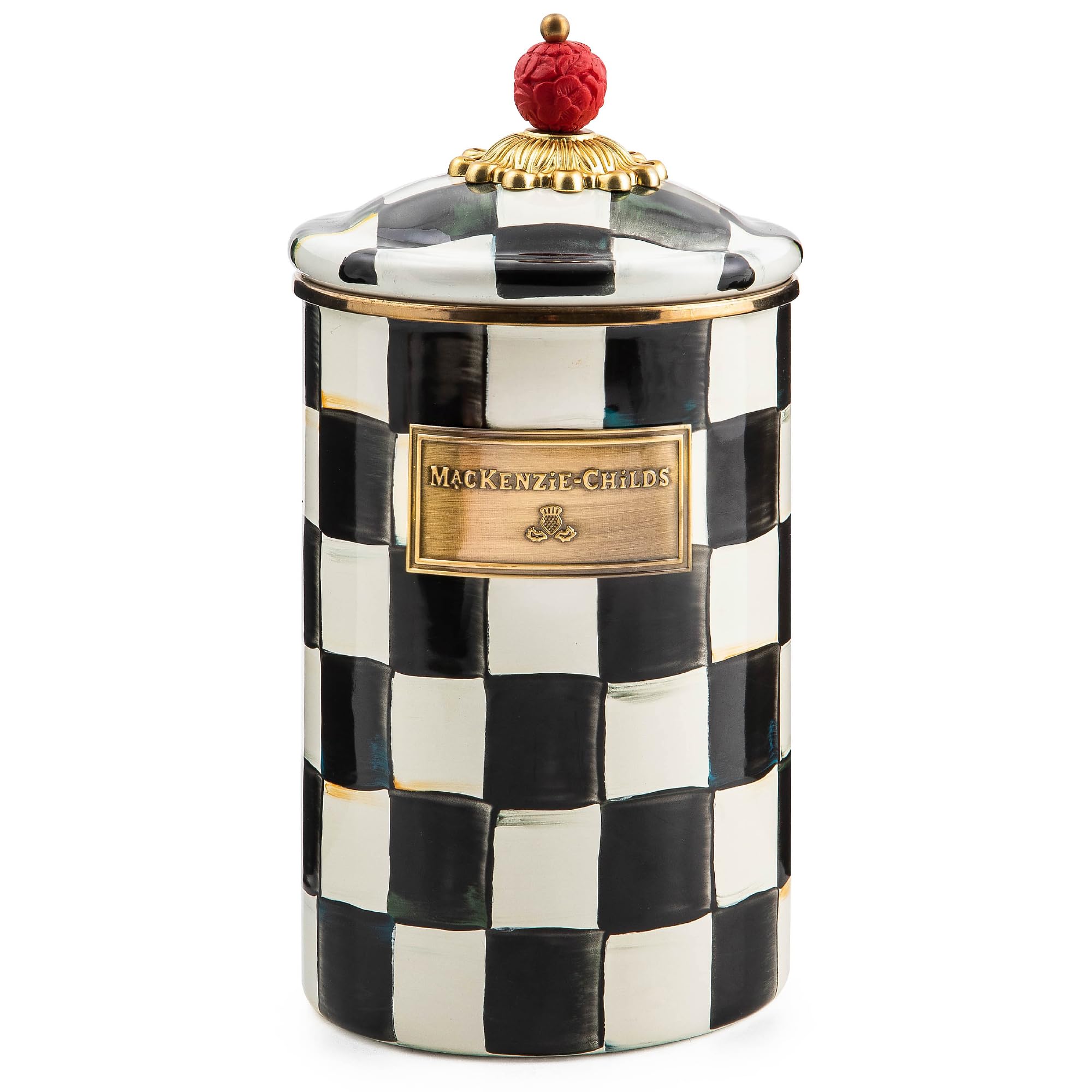 MACKENZIE-CHILDS Large Enamel Canister, Kitchen Storage Container for Flour and Sugar, 1.89 Liters, Black-and-White Courtly Check