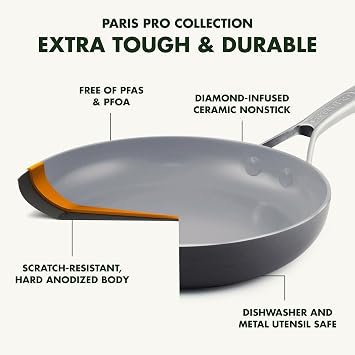 GreenPan 8 Nonstick Frying Pan Skillet, PFAS-Free Ceramic, Hard Anodized Cookware, Stainless Steel Handle, Dishwasher & Oven Safe, Paris Pro, Gray