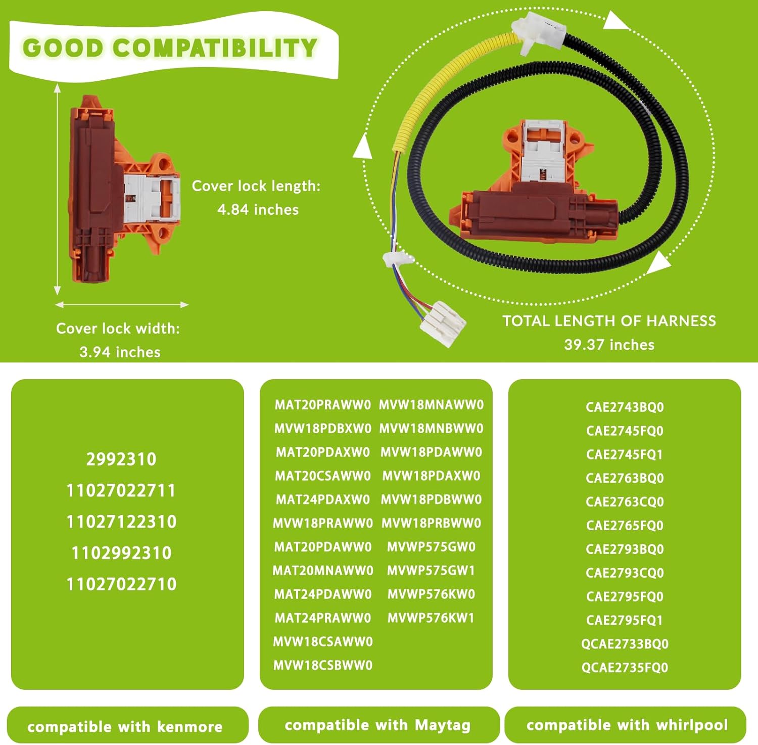 WPW10482836 Washing Machine Lid Lock & Latch Assembly Replace W10482836,PS11755478,AP6022148 Latch Compatible with Kenmore,Maytag MVW18PDBXW0 MVW18PRAWW0,Whirlpool CAE2745FQ0 Washer,2 Year Warranty