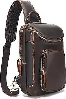 LANNSYNE Full Grain Leather Sling Bag For Men, Crossbody Chest Daypack Fits 10.5" iPad, Men’s Crossbody Bag