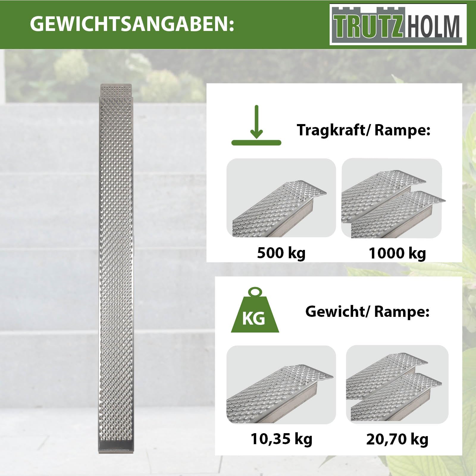 TRUTZHOLM 1x Auffahrrampe Alu Länge 250 cm Traglast 500 kg Verladerampe für Motorräder Maschinen