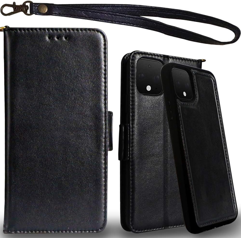 Mefon Genuine Leather Pixel 4 XL Case Wallet, Magnetic Detachable, Wireless Charging Compatible, with Tempered Glass and Wrist Strap, Luxury Flip Folio Phone Cases for Google Pixel 4 XL 6.3 (Black)