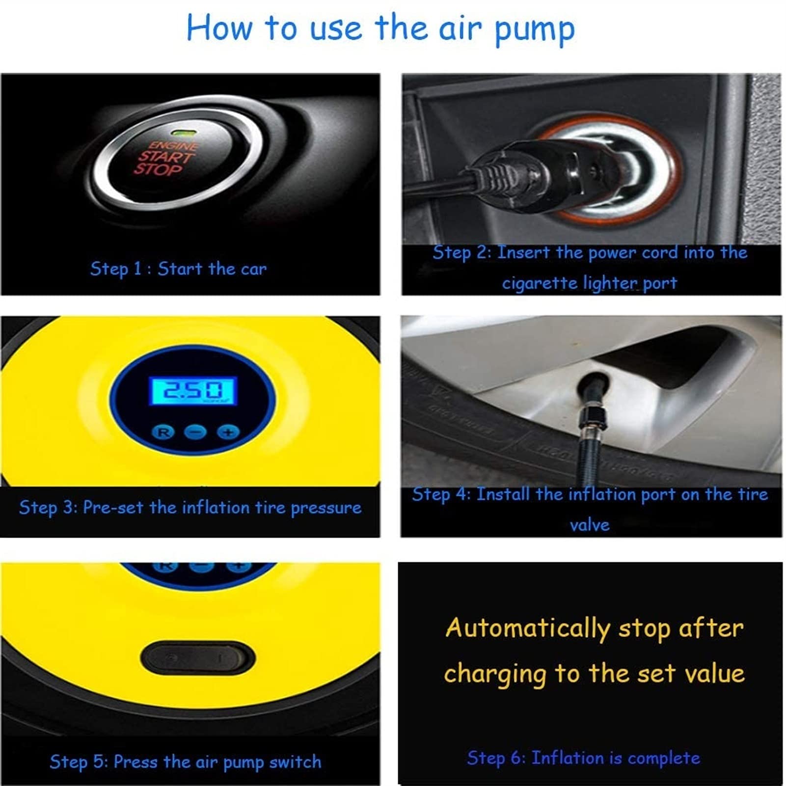 Inflador de neumáticos, compresor de aire portátil, digital 12 V CC 150 PSI, pantalla LCD digital con manómetro de apagado automático, bomba de aire for neumáticos de coche con flujo de aire de 35 l/m