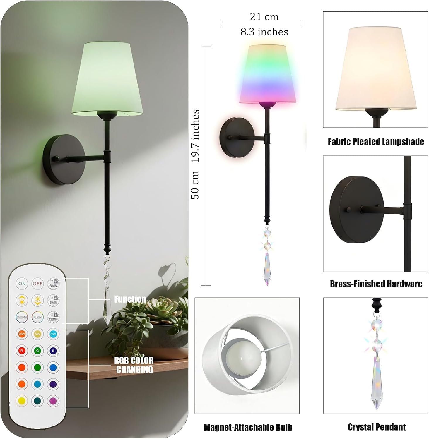JIMEI Battery Operated Wall Sconces Set of Two, Rechargeable Wall Sconce Wireless Battery Wall Lamp with 15 Colors RGBCW Dimmable Magnetic Bulbs & Remote for Bedroom Living Room Hallway Decor Black