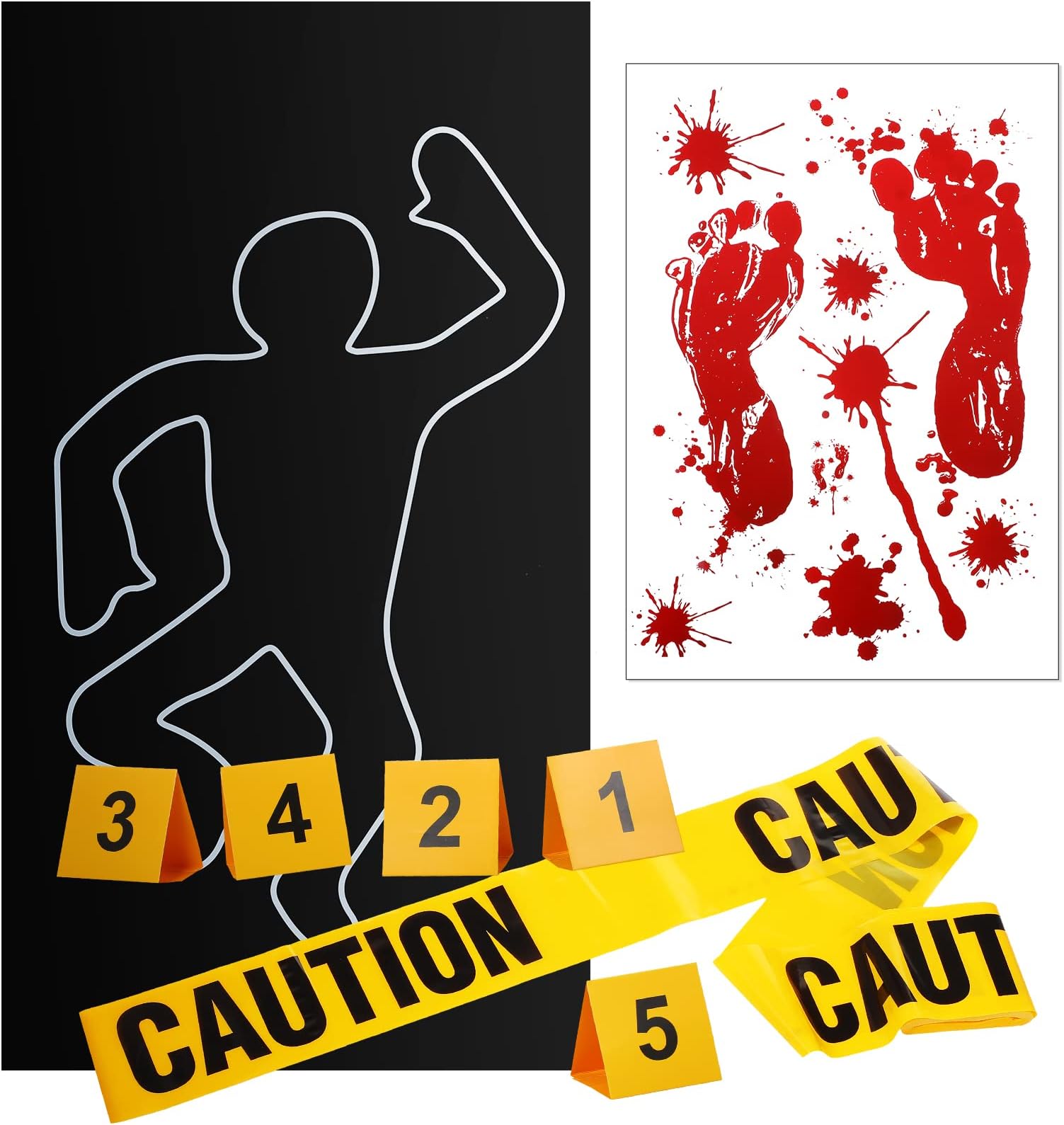 8 Pieces Crime Scene Decorations Including Body Silhouette Caution Barricade Tape Evidence Markers and Bloody Footprint Sticker Evidence Party Decorations for Halloween Home Wall Decorations