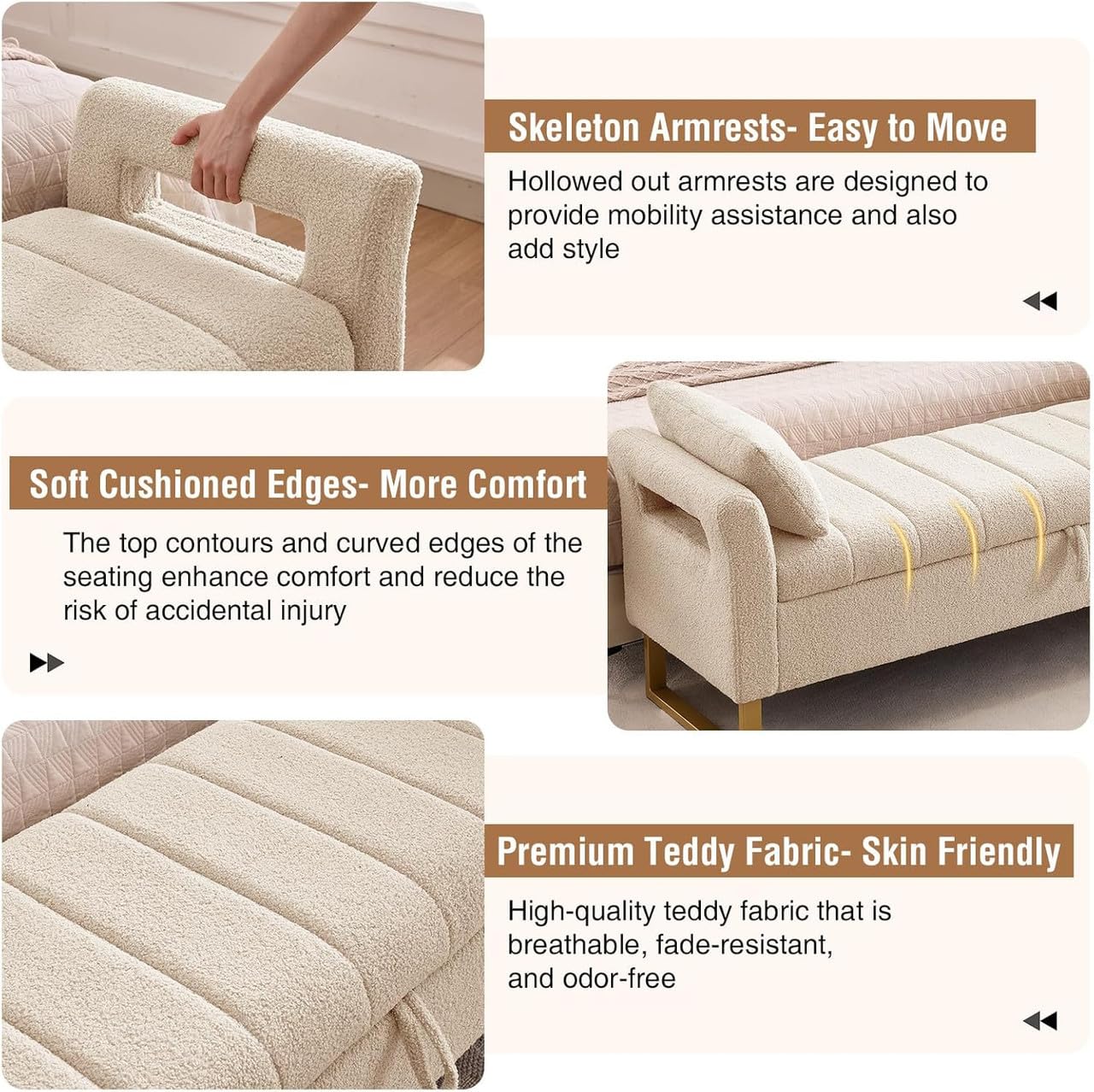 Fabrique Dover Boucl Fabric 2-Seater Ottoman Bench in Cream with Metal Legs | Multipurpose Storage Chest & Sofa Bench for Living Room, Bedroom & Hall | Stylish Seating with Storage | 5-Year Warranty 3