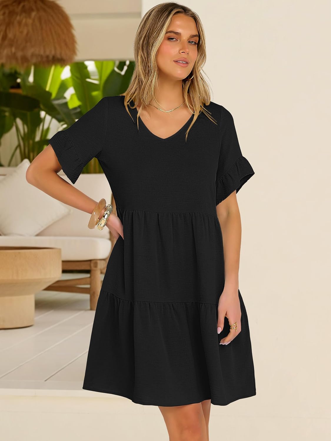 Caracilia Dresses for Women Summer Casual 2026 Ruffle Short Sleeve A Line Tiered Flowy Cute V Neck Mini Beach Dress Pockets - Image 6