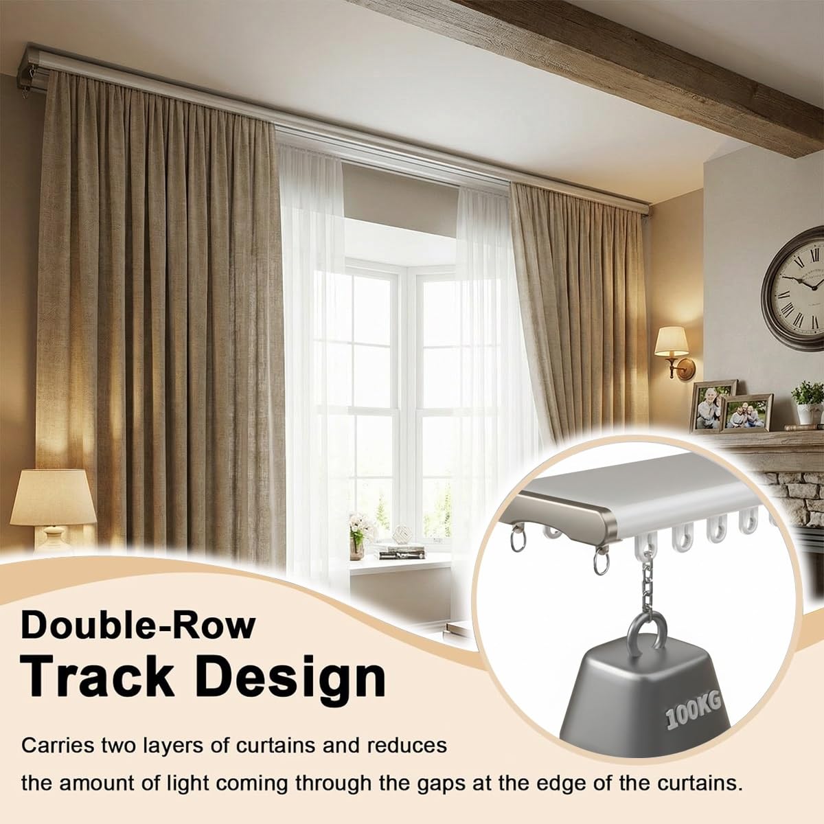 Système de rail double ain à 2 couches pour plafond coulissant lisse 100680 cm en aluminium réglable (Champagne 380 cm / 12.5ft) pour décoration d'intérieur
