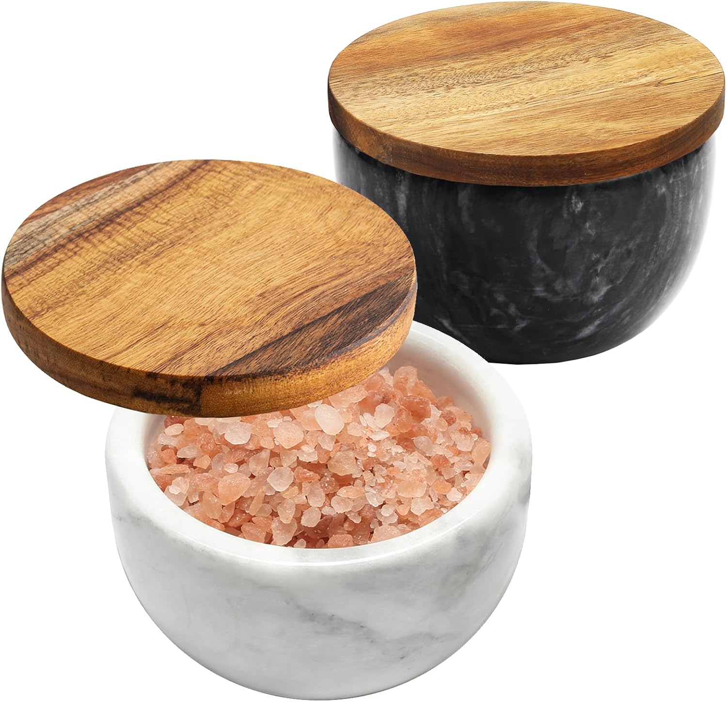 jalz jalz Marble Salt Cellar Pinch Pot - Heavy Non-Slip Salt Bowl with Acacia Wood Cover and Spoon - 10oz Capacity Spice Storage Natural Marble Salt Box with Sustainable Acacia Lid