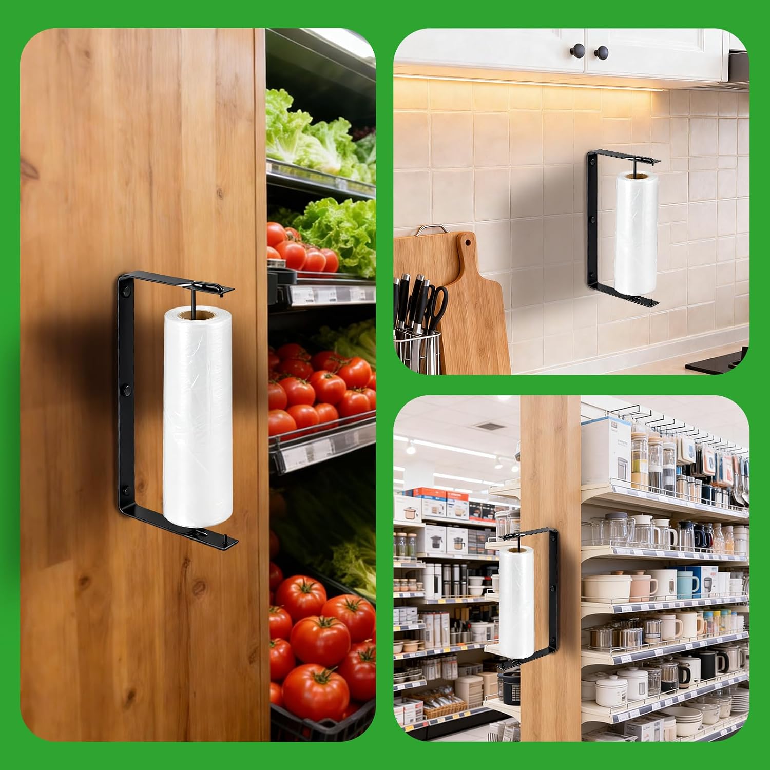 Produce Bag Holder,Grocery Bag Roll Dispenser, Grocery Bag Roll Holder Wall Mount for Supermarket Grocery Kitchen