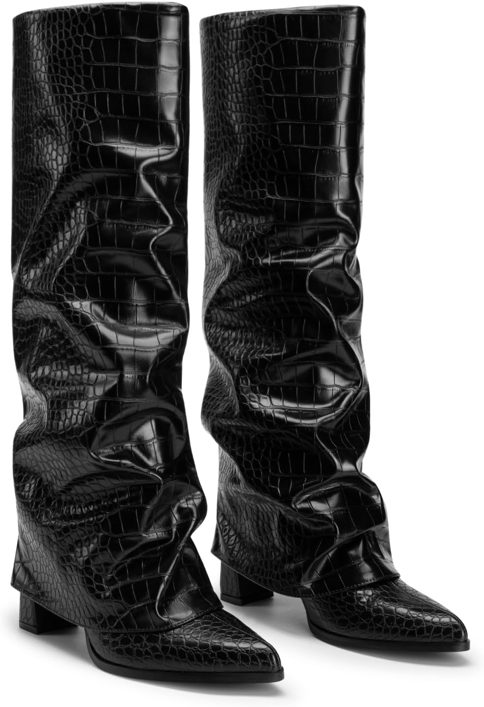 Knee High Boots Women Chunky Fold Over Tall Boots | PU Leather, 3.17-inch High Heel, Pointed Toe, Inner Zipper, Slouchy, Easy On and Off, Weekend, Shopping, Women Fall Winter thumbnail