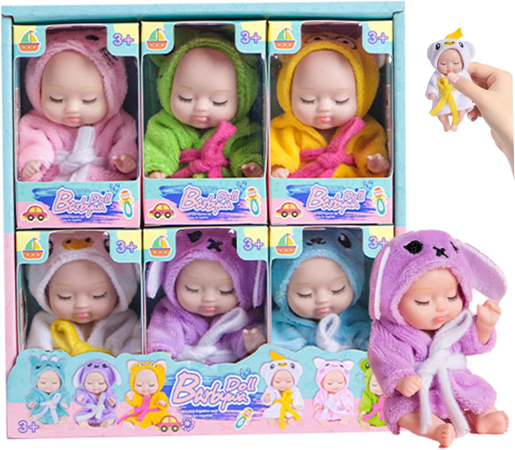 – 6 Pcs Lifelike Mini Baby Doll Set, 4.3x2 Inch Posable Realistic Baby Doll with Soft Bathrobe, Toddler Toy for Kids 3+ Birthday Gifts