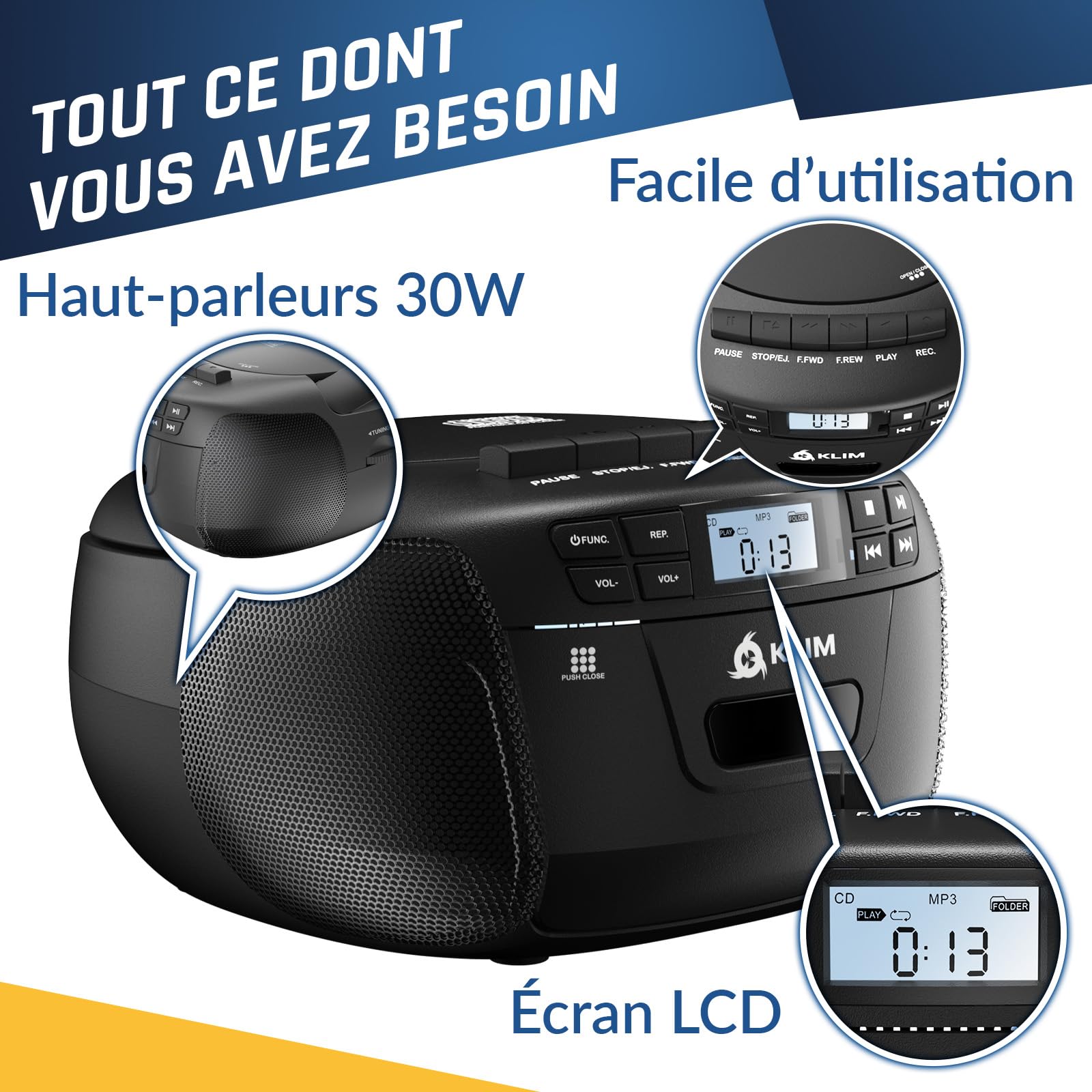 KLIM Lecteur CD Bluetooth Cassette Radio AM/FM Stéréo avec Télécommande Enregistrement USB AUX