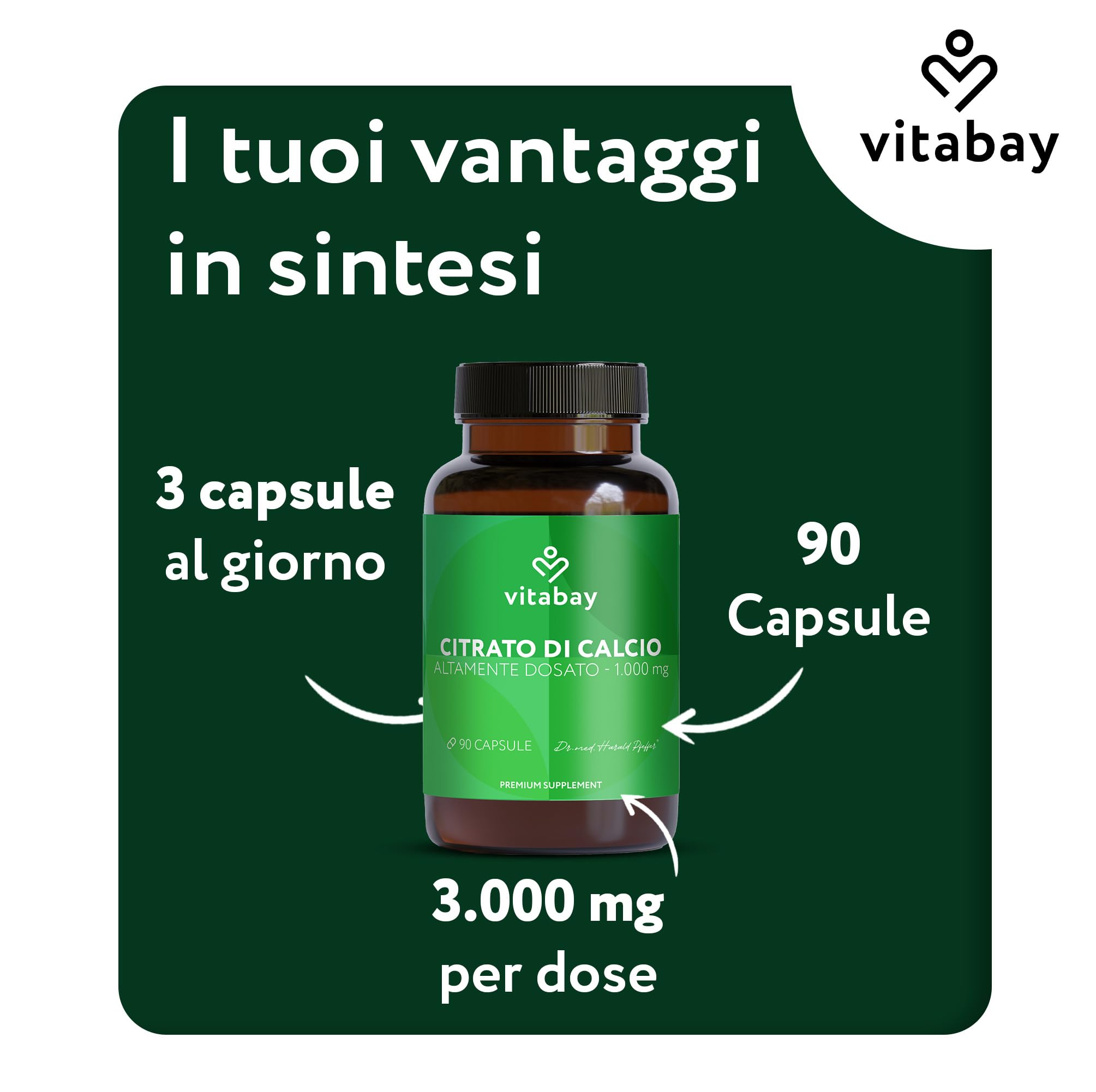 Vitabay Calcio 1000 mg - 90 capsule vegane con citrato di calcio - calcio per metabolismo energetico, ossa e denti - testato in laboratorio in Germania - senza additivi - 1 mese