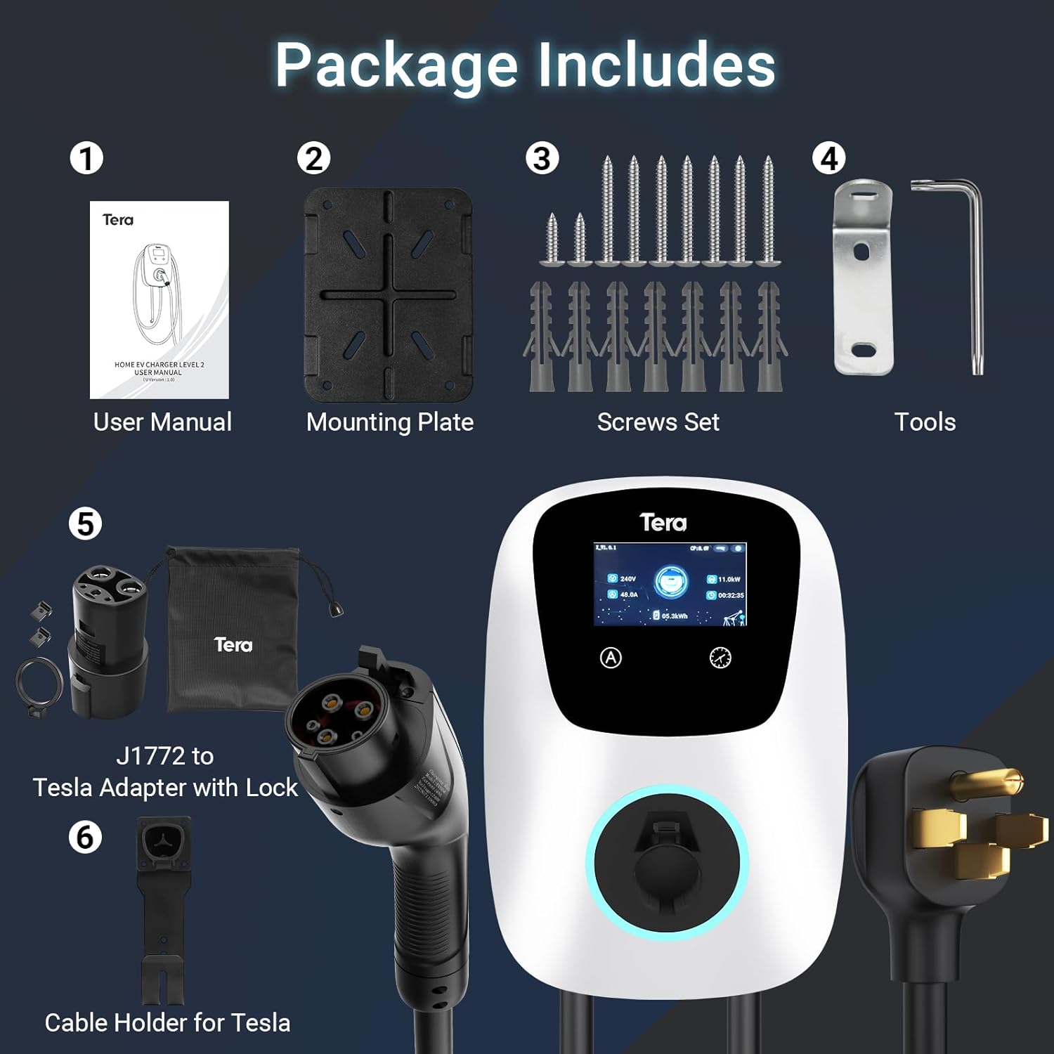 Tera for Tesla Electric Vehicle (EV) Charger: Level 2 J1772 2024 Fully Upgraded ETL Energy Star 48A with Manual Setting Amps & Schedule on Unit 240V