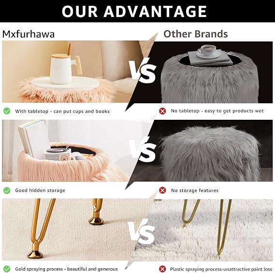 Faux Fur Storage Ottoman Round Furry Vanity Stool Marble Grain Tray Coffee Table Compact Footrest Stool with 4 Metal Legs Soft Makeup Seat Foot Stools Living Room Bedroom Entryway Champagne