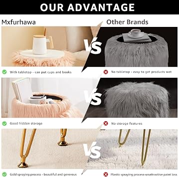 Faux Fur Storage Ottoman Round Furry Vanity Stool Marble Grain Tray Coffee Table Compact Footrest Stool with 4 Metal Legs Soft Makeup Seat Foot Stools Living Room Bedroom Entryway Champagne