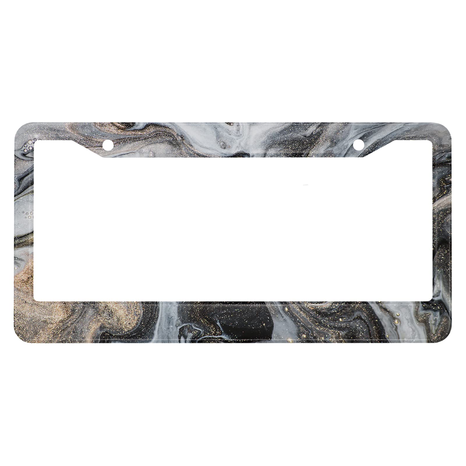 oFloral Marble Pattern Aluminum Alloy License Plate Frame Flowing Black Gray White Pigment Gold Powder Applicable to US Standard Car Metal Funny Front