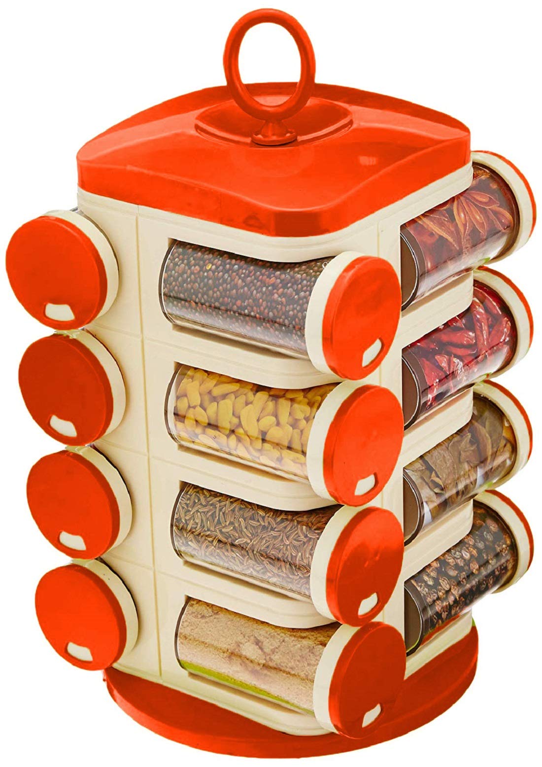 Kuber Industries Multipurpose Revolving Plastic Spice Rack 16 Pieces Masala Box/Condiment Set/Masala Boxes for Kitchent (Orange)
