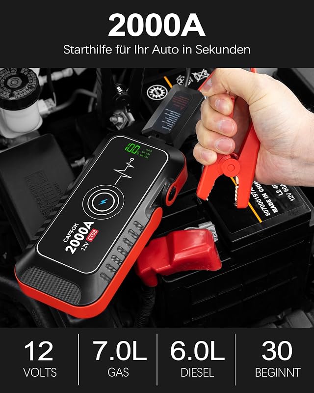 CAPTOK 16800 mAh Indítóakkumulátor 2000A Vezeték Nélküli Töltéssel és LED Lámpa