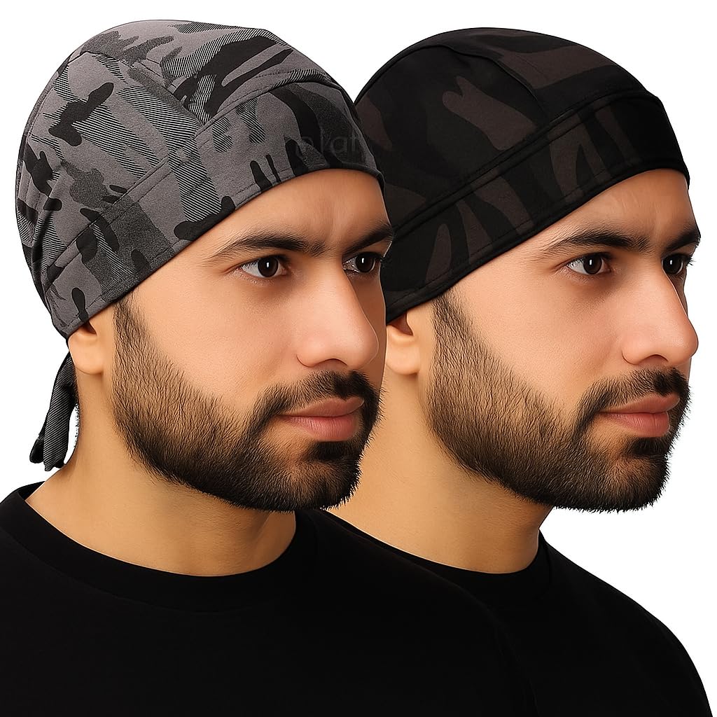 paropkar PAAROPKAR Unisex Spandex Patka Skull Cap Bandana/Fashionable Helmet Liner/Head Cap-Hard Hat Liner Sweat Cap - Cycling Cap - Pirate Bandana Army Print (Pack of 2), Free Size Black-picture-41