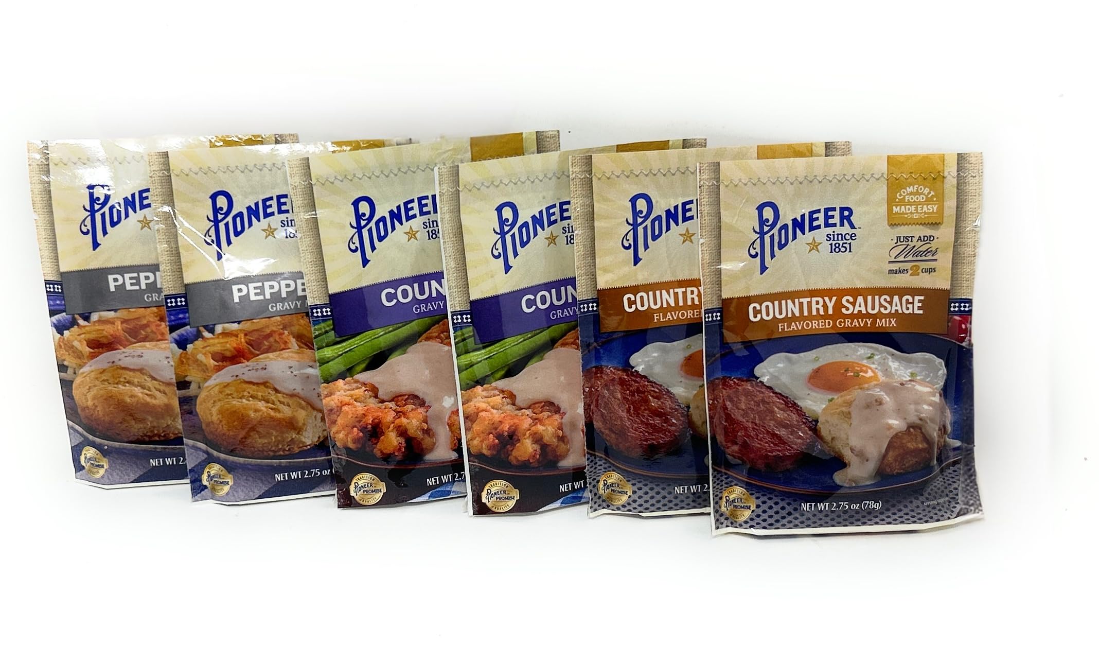 Pioneer Brand Gravy Variety Bundle, 2.75 oz (Pack of 6) includes 2-Count Peppered Gravy Mix + 2-Count Country Sausage Flavor Gravy Mix + 2-Count Country Gravy Mix