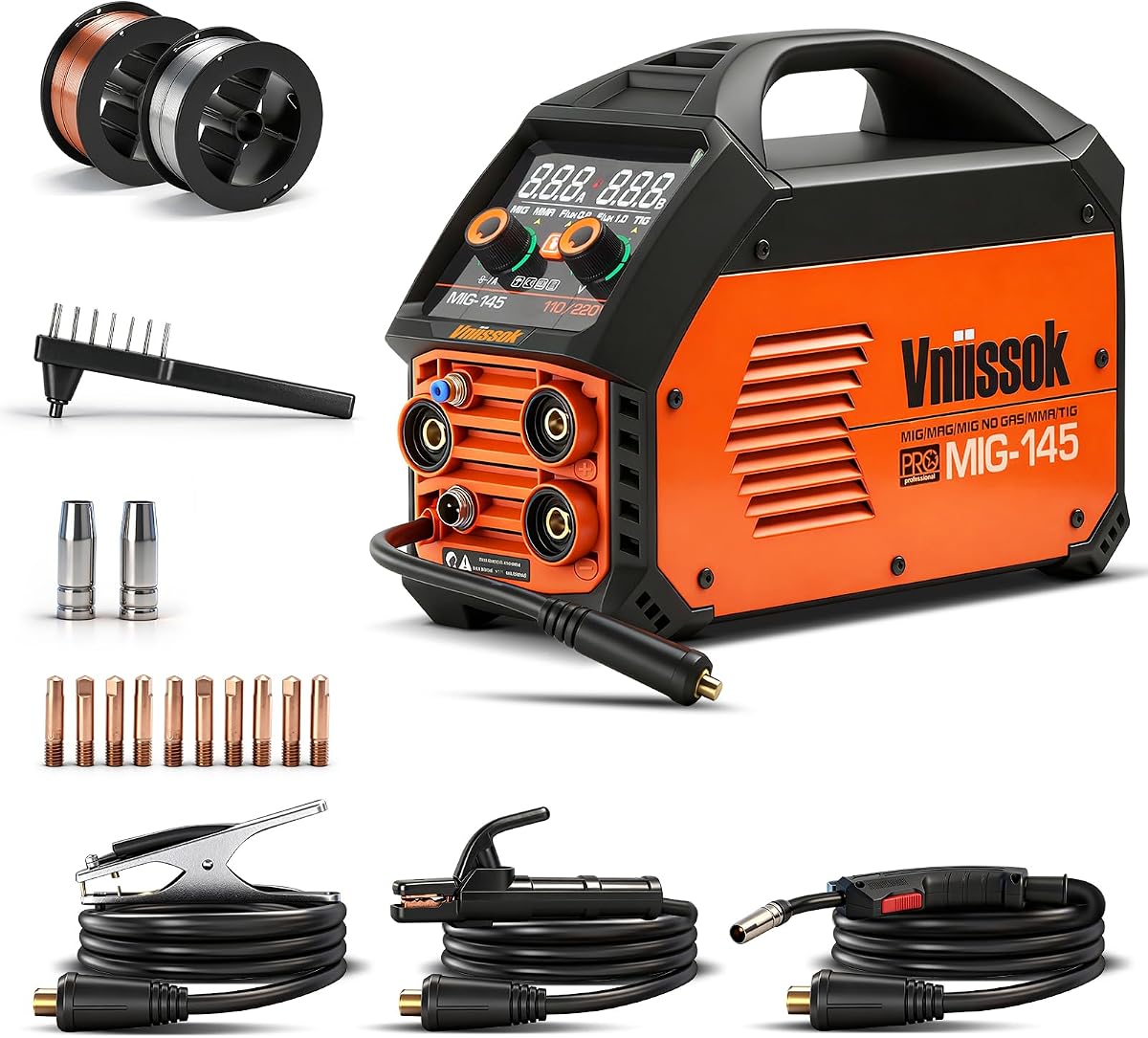 145A MIG Welder,110V/220V multiprocess welder, Gas Gasless MIG Welding Machine, 5 in 1 MIG/MMA/Lift TIG/Flux cored 0.8/Flux cored 1.0, LED Digital Display Synergic Control Aluminum Welding Machine