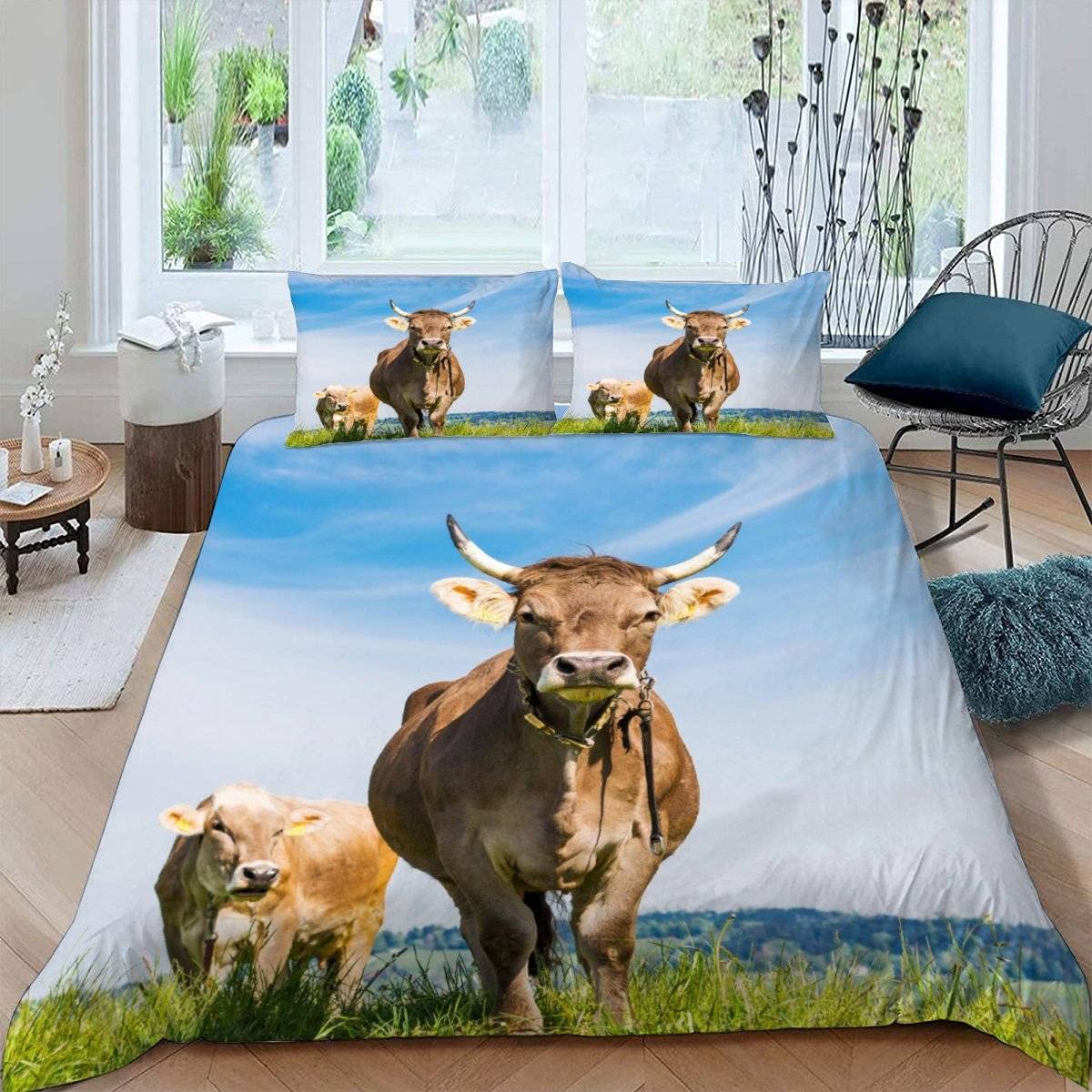 RFFLUX 3D Cow Double Bedding Duvet Cover Set 3 Pieces 200x200 Ultra Soft Microfiber Farm Animals Cattle Comforter Cover with Zipper Easy Care Quilt Cover with 2 Pillowcase for Room Decor