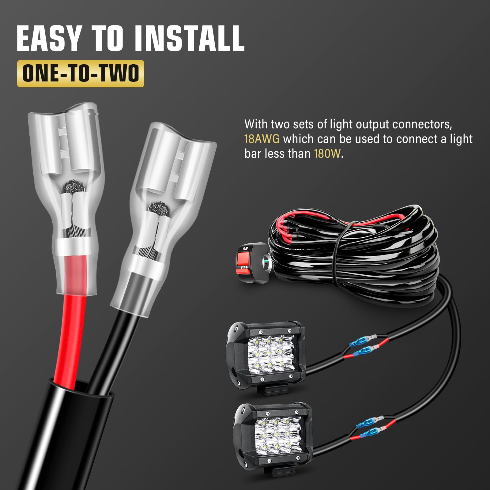 RIGIDON Motocyklowa wiązka kabli, 12 V, 40 A, 18 AWG, 2 przewody, wodoszczelna, zestaw kabli, listwy kablowe LED, wiązka przewodów do reflektorów przeciwmgielnych, dodatkowy reflektor roboczy, światło