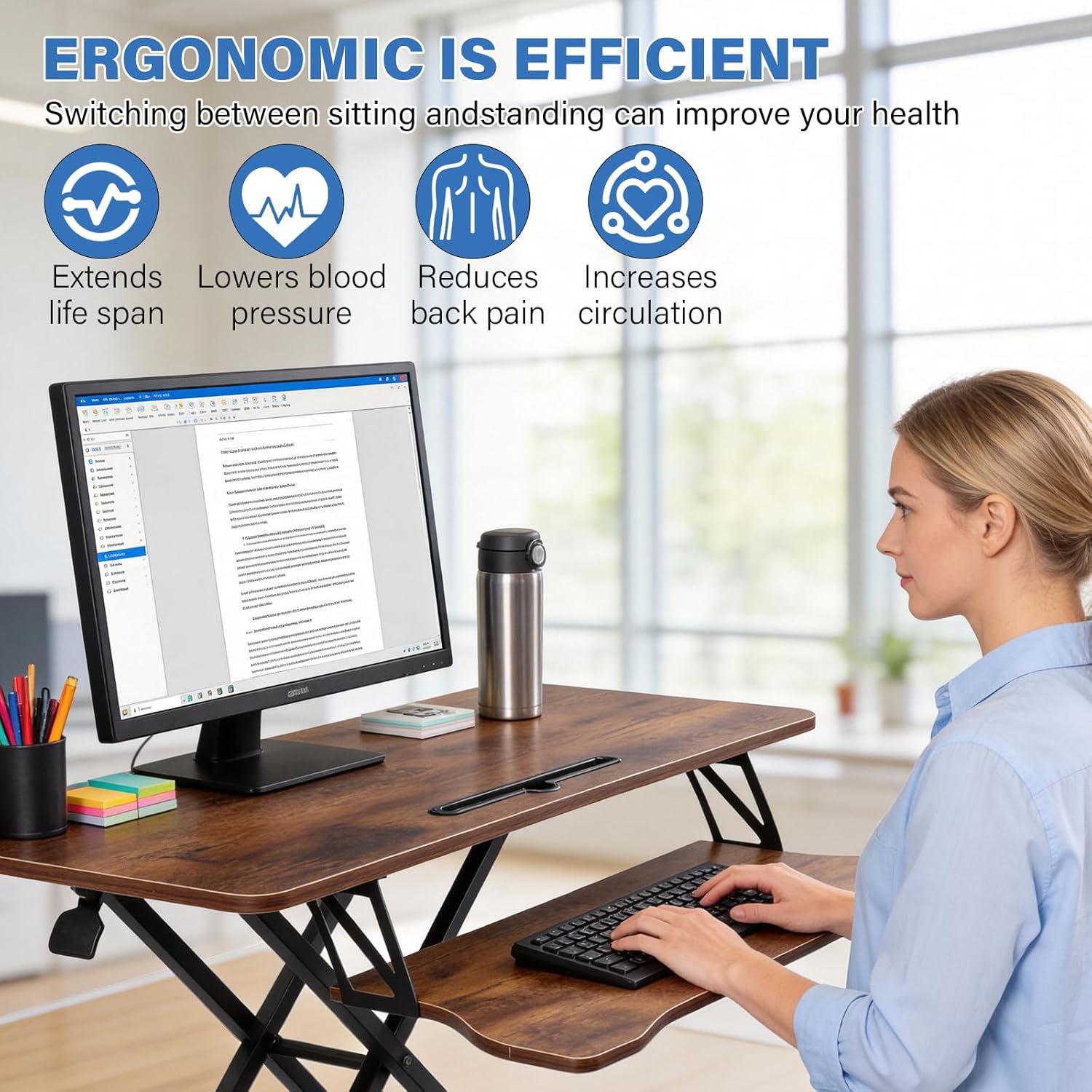 37 Inch Standing Desk Converter, Two Monitor Stable Stand up Desk Converter, 5.9" to18.8 Height Adjustable Laptop Workstation with Keyboard Tray For Home, Company(Tiger brown)