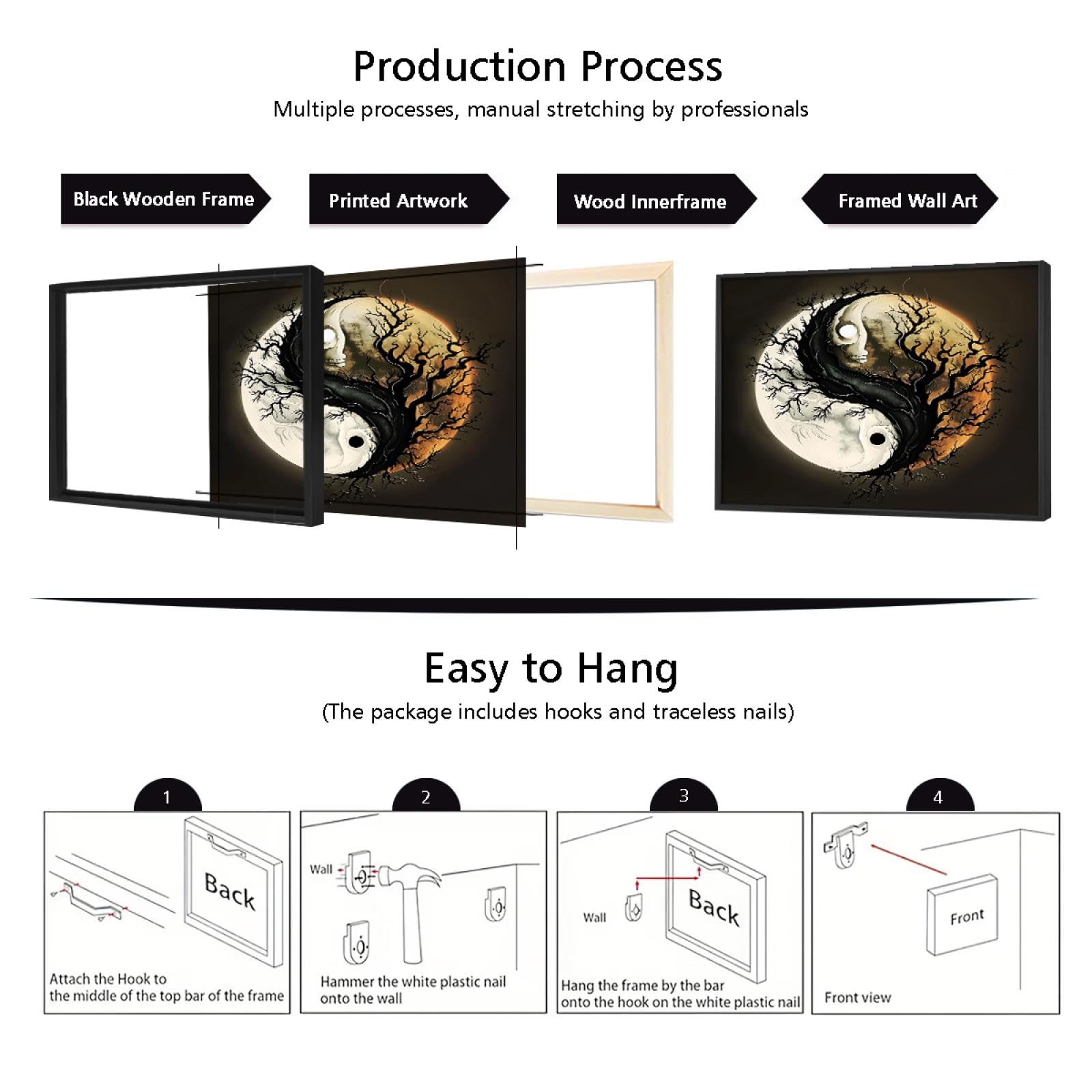 Via Vela Thème Halloween impression sur toile art mural rétro Yin Yang thème arbre mort crâne fantôme modèle affiche peinture image œuvre d’art pour bar décor intérieure 66x102cm avec-cadre-noir