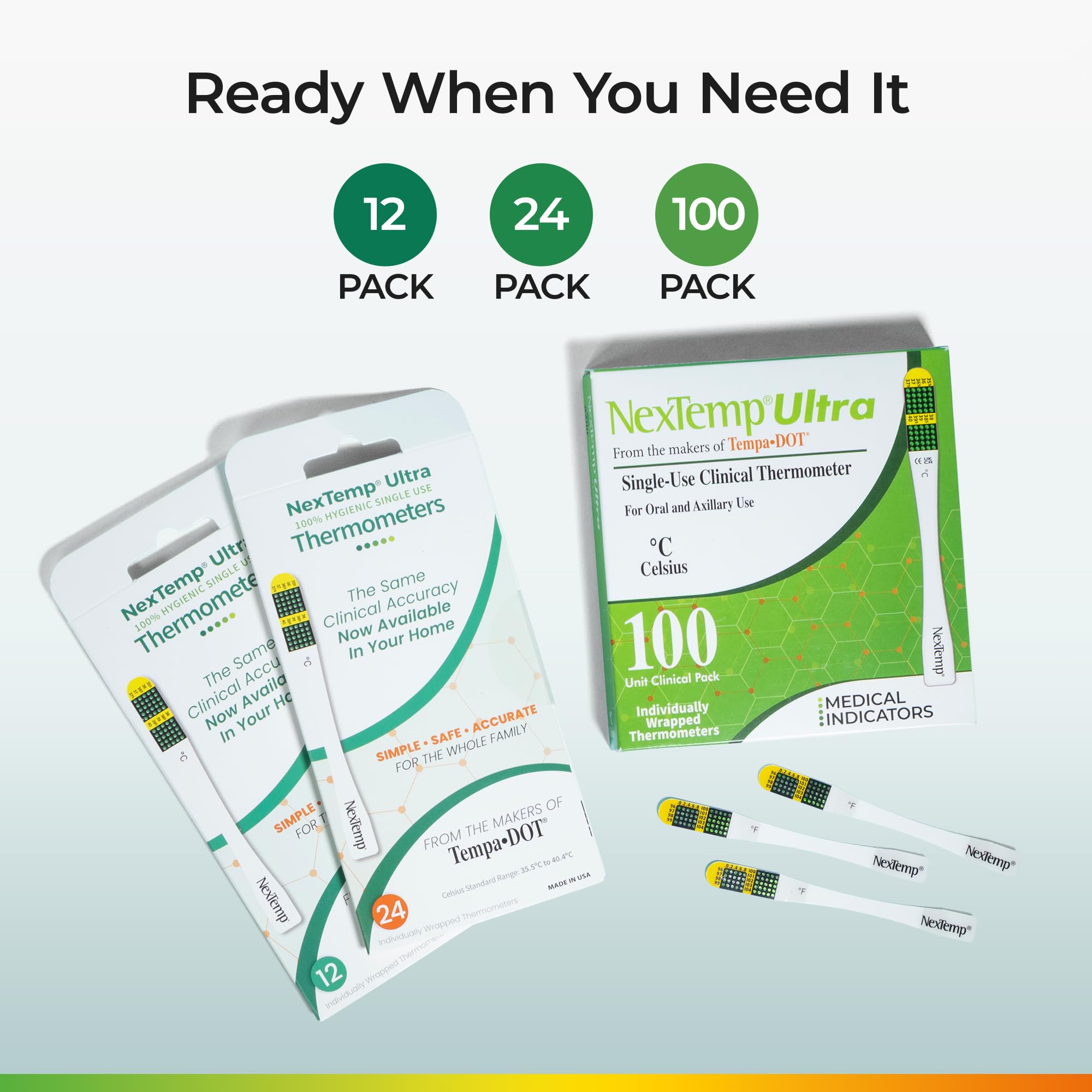 NexTemp Ultra 100 unidades – Celsius – Termómetro de un solo uso, envuelto individualmente – Precisión superior y lo último en control de infecciones – Retención de señal extendida de 1 minuto