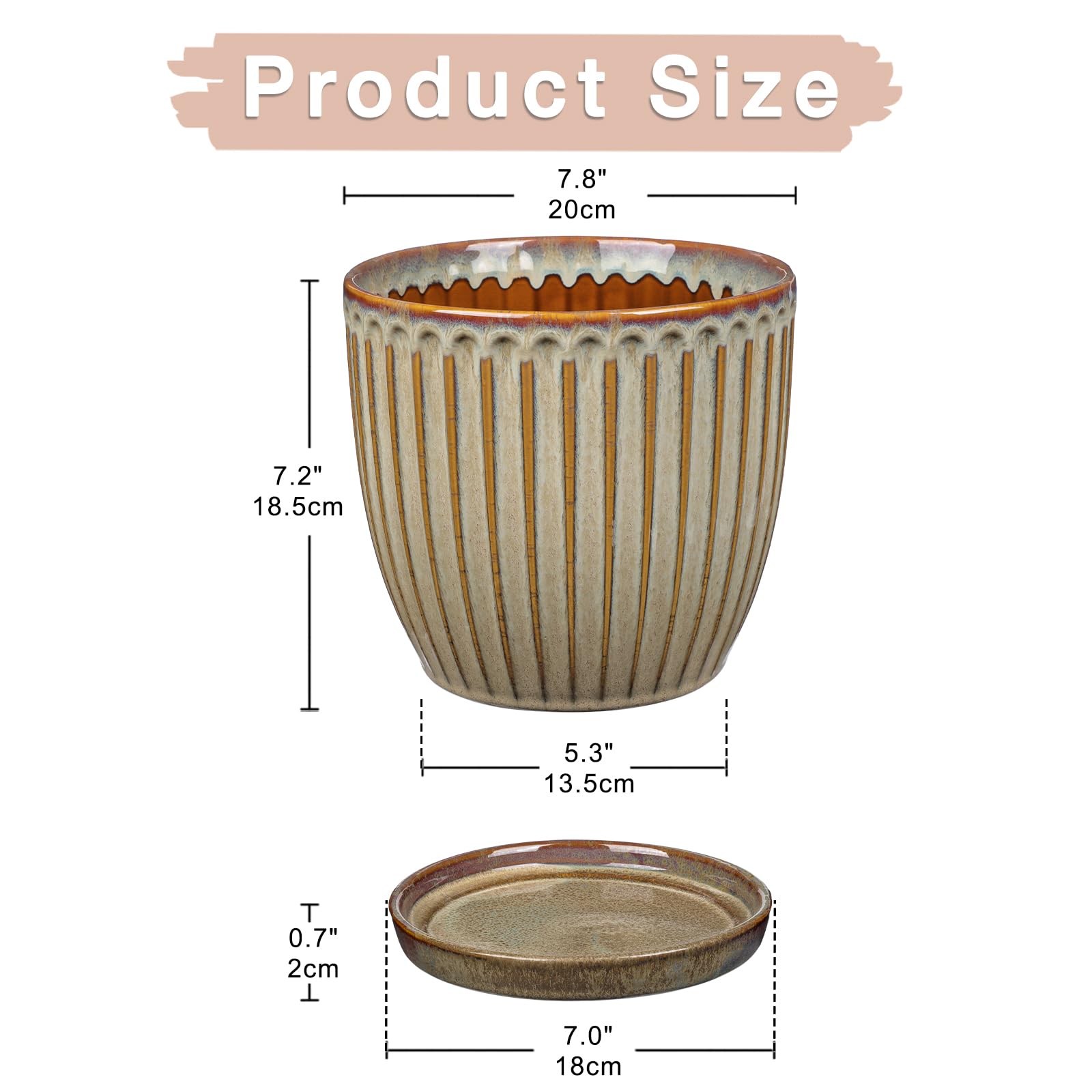 Oairse - Vaso in ceramica a coste, vasi da fiori con sottovaso con fori di drenaggio per piante da interno, decorazione retrò per set di contenitori da giardino all'aperto, diametro apertura 20 cm