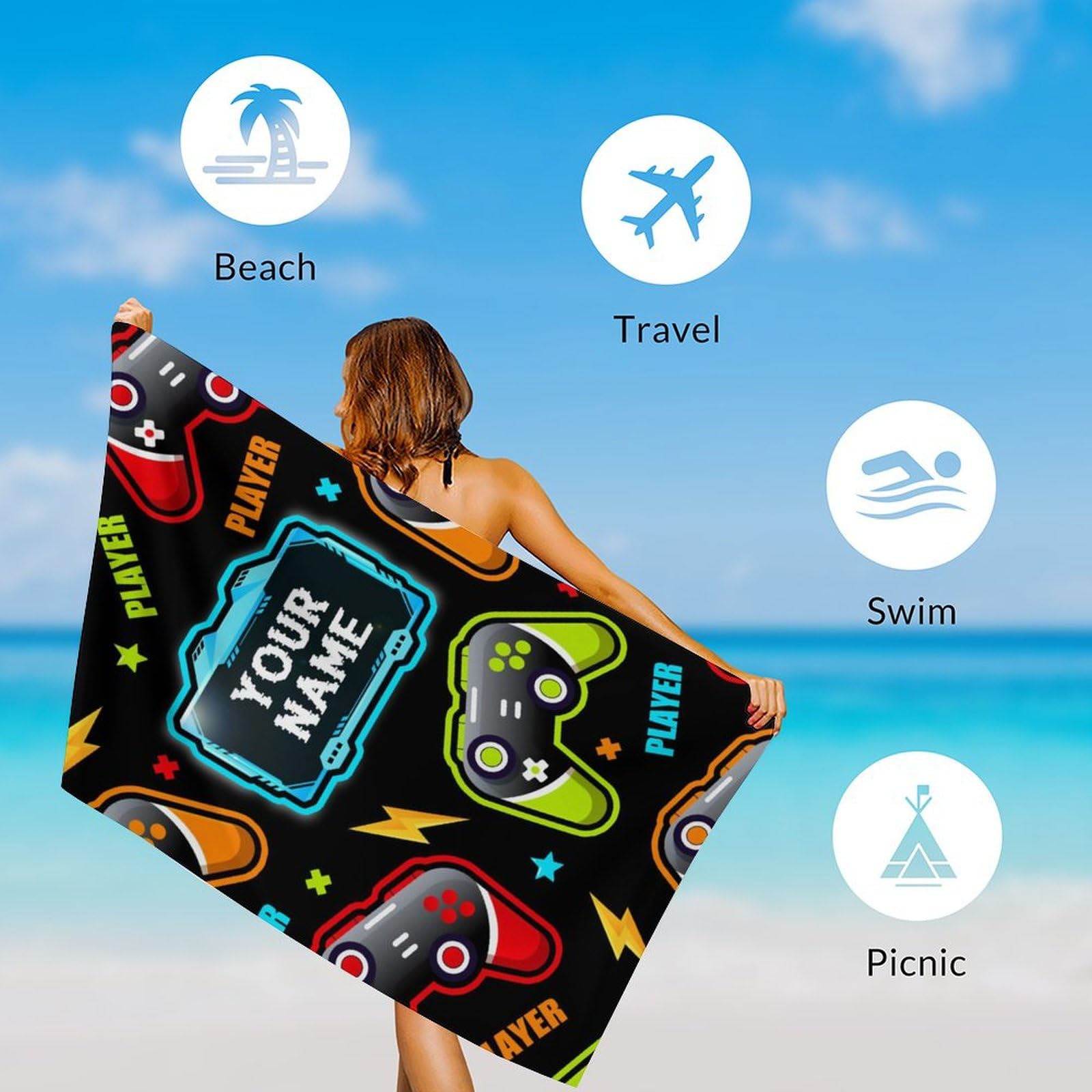 Sleepwish Video Game Controller Bath Towel – 30x60 Inch Microfiber, Retro Gaming Design For Beach & Gym - View #3