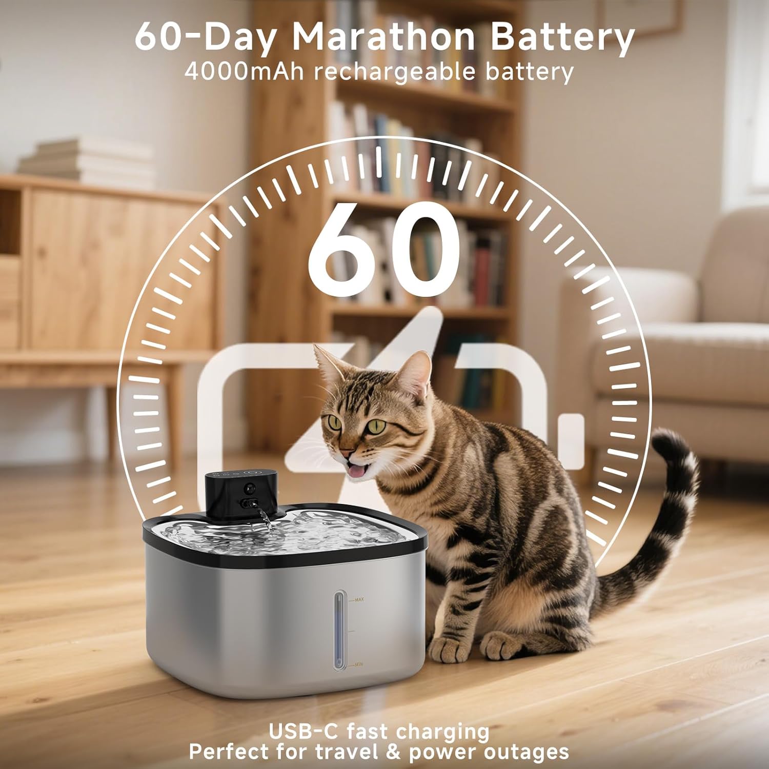 Cat Water Fountain Stainless Steel, 118oz/3.5L Cordless Automatic Pet Water Dispenser for Cats Indoor, with Motion Sensor, Ultra Quiet Pump, Rechargeable & Multi-Filtration (Silver) - Image 5