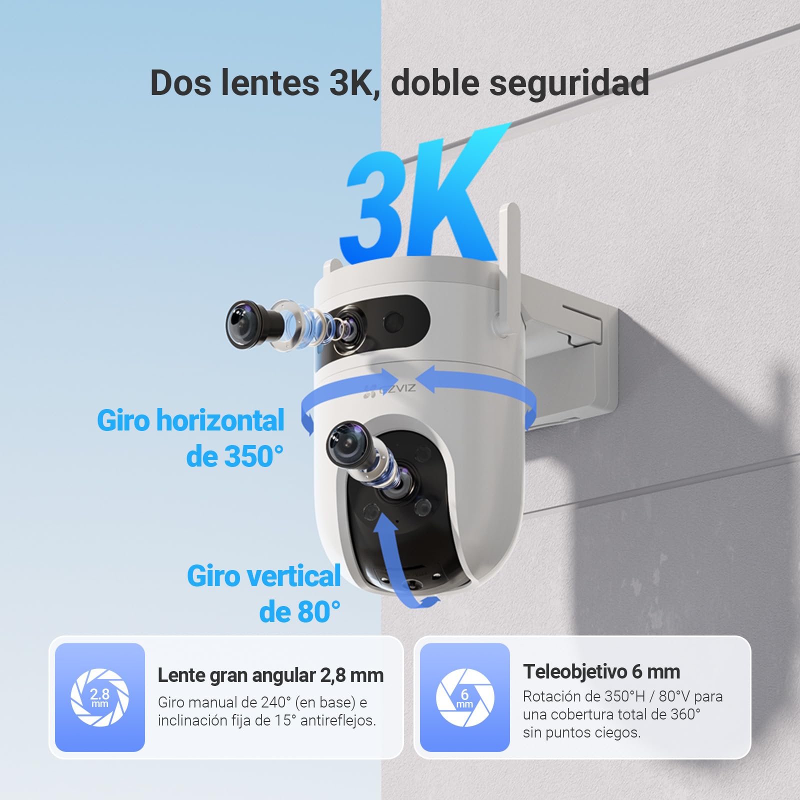 EZVIZ H9c 4G/WiFi Cámara de Vigilancia Exterior, 3K + 3K, Doble Lente, Detección IA Humano/Vehículo, Seguimiento Automático, Visión Nocturna en Color 40m, Ideal Fincas y Obras