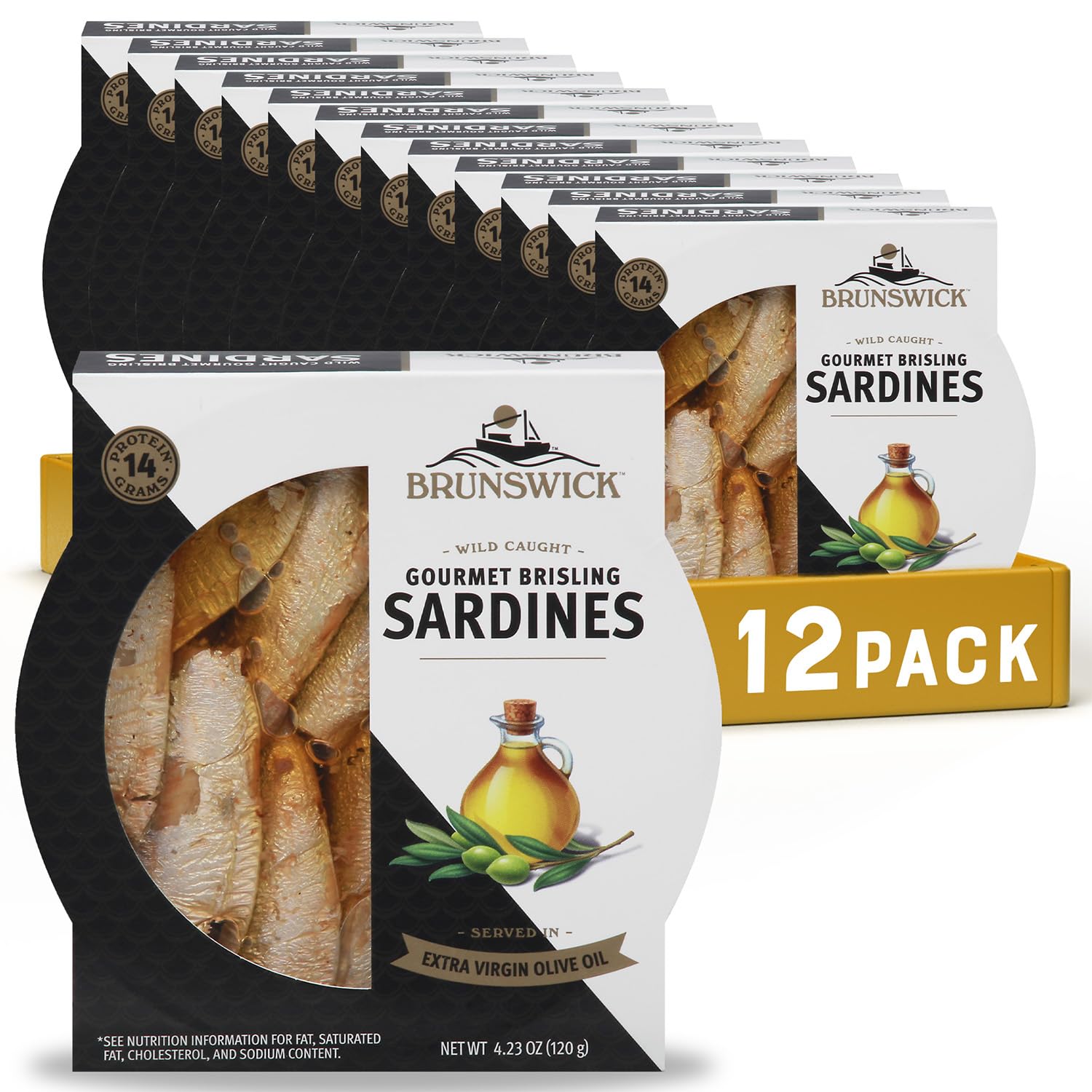 Brunswick Wild Caught Gourmet Brisling Sardines in Extra Virgin Olive Oil, 4.23 oz Can (Pack of 12) - 14g Protein per Serving - Gluten Free, Keto Friendly