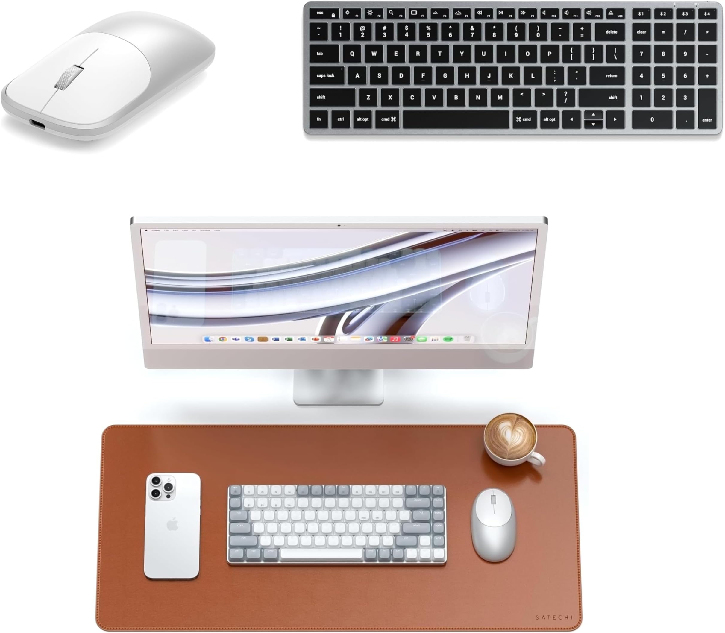 Satechi Bundle Slim X2 Bluetooth Backlit Keyboard Space Grey and Slim EX Wireless Mouse Silver with Vegan Leather Desk Mat Brown
