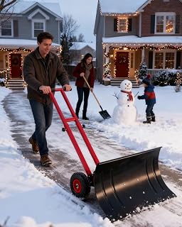 Wheeled Snow Shovel, 29"x14" Double-Rod Metal Snow Pusher Plow with 5-Angle Blade, Adjustable T-Handle and Rubber Wheels for Snow Removal from Driveways, Sidewalks & Doorways, Black & Red
