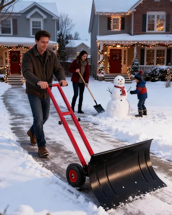 Wheeled Snow Shovel, 29"x14" Double-Rod Metal Snow Pusher Plow with 5-Angle Blade, Adjustable T-Handle and Rubber Wheels for Snow Removal from Driveways, Sidewalks & Doorways, Black & Red by COZONY - Used condition - US$57.51