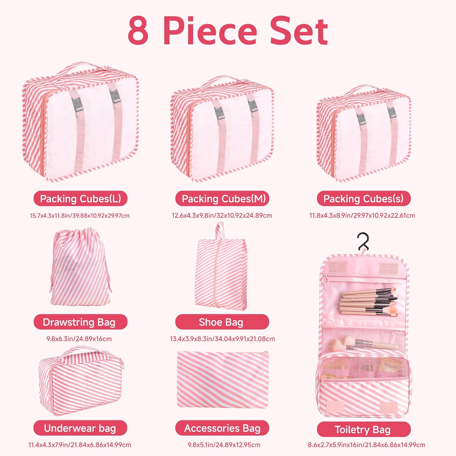 8 Set Packing Cubes for Travel, Suitcase Organizer with Hanging Toiletry Bag, Luggage Packing Organizers for Travel Essentials, Airplane Must-Have, Road Trip & Camp Gifts(Pink Stripes)