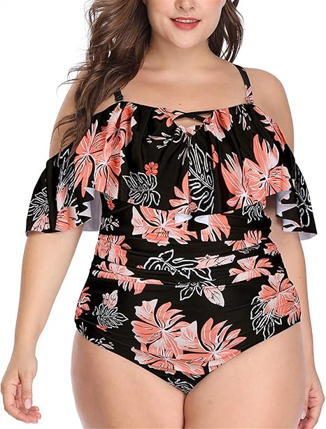 Daci Women Plus Size One Piece Swimsuits Tummy Control Ruffle Off Shoulder Bathing Suits