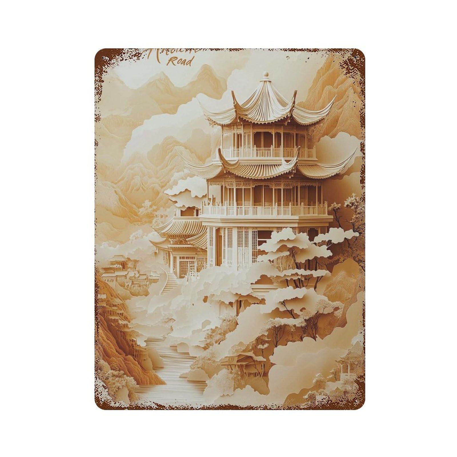 xiaoxiaoshen Ancient Road Temple Golden Asian Mountain Palace Oriental Landscape Wall Decor Art Metal Tin Poster Modern Home Decor Art Home Bar Shop Decorations Vintage Sign 40x30cm