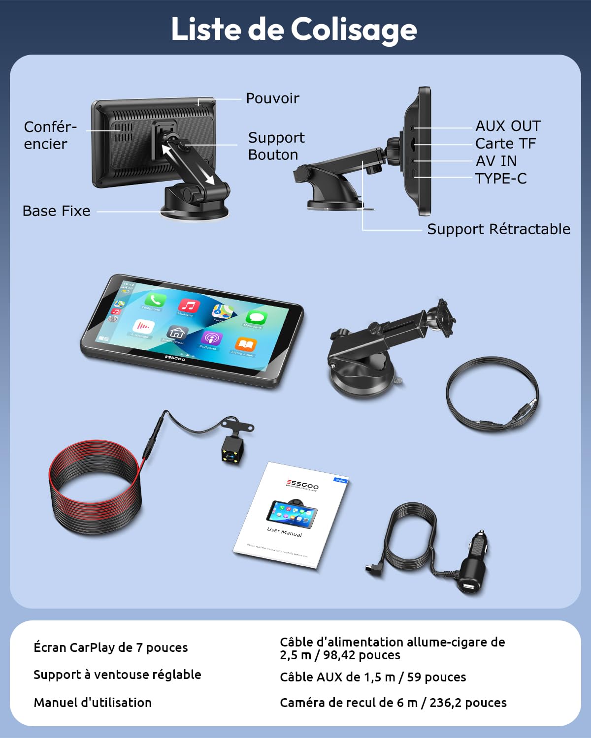 ESSGOO 7 Pouces Écran Voiture sans Fil avec Caméra de Recul,Compatible avec A-pple CarPlay & Android Auto,Supporte GPS,Siri & G-oogle Assistant,WiFi 5.8G/Bluetooth V5.3,FM,Adapté à Plusieurs Véhicules